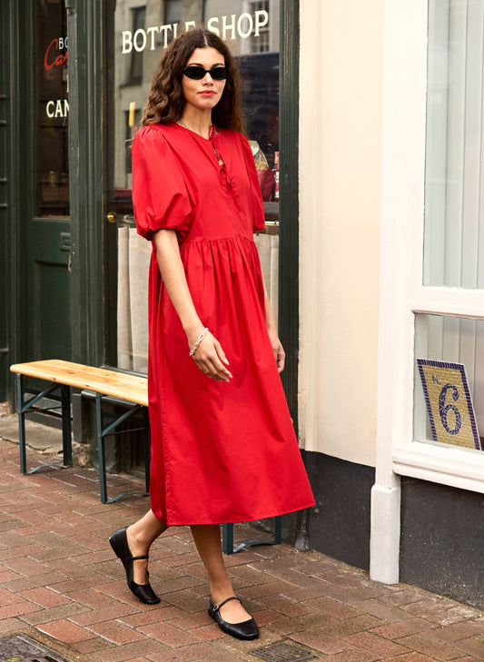 Rose Organic Cotton Tie Midi Dress